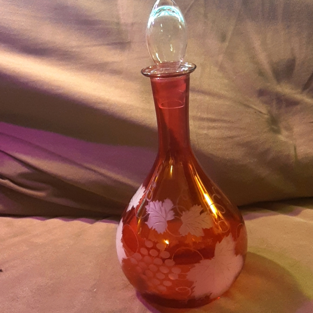 Vintage cranberry flash engraved decanter